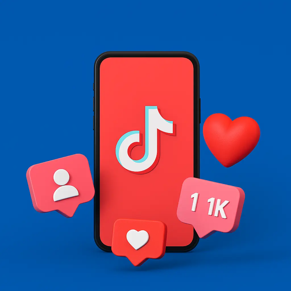 Visual showing phone and 3D interaction icons representing TikTok follower purchase, TikTok likes and views services